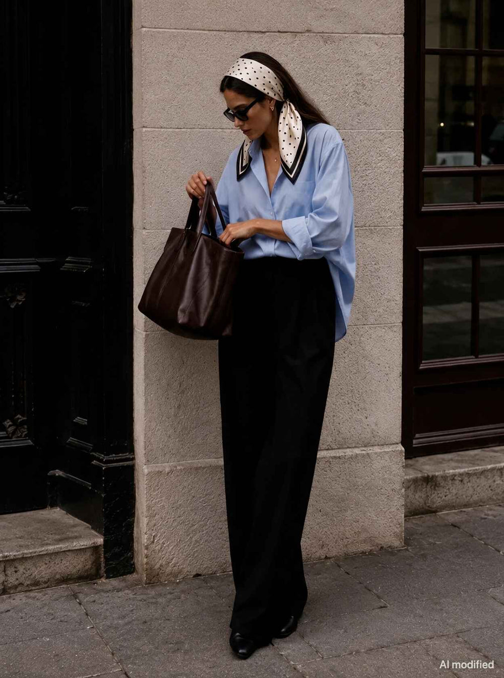 Woman in a blue shirt, wide dark trousers, and a polka-dot scarf in her hair