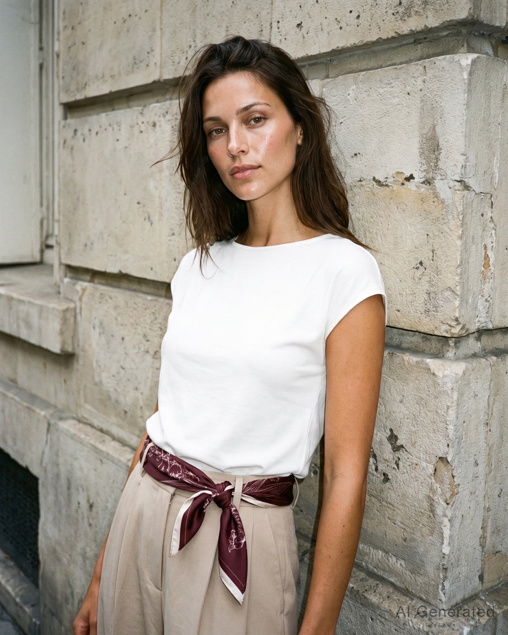 White shirt, light-colored trousers and slingbacks